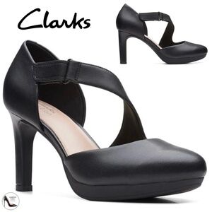 Clarks Ambyr Glow Black Leather Pump Stiletto Heel Almond Toe Ankle Strap Shoe 8